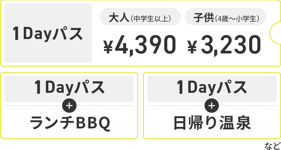 1Dayパス 大人（中学生以上）￥4,390 子供（4歳〜小学生）￥3,230 1Dayパス+ランチBBQ 1Dayパス+日帰り温泉 など