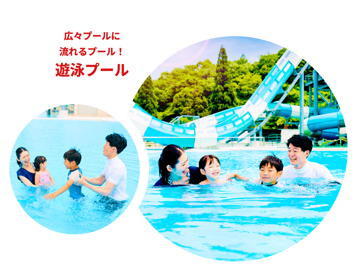 広々プールに流れるプール水中アスレチックも！	遊泳プール
